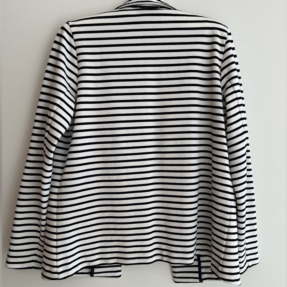 FDJ Striped Unstructured Blazer Open Front Lapels Flap Pockets Nautical Career - Picture 10 of 17